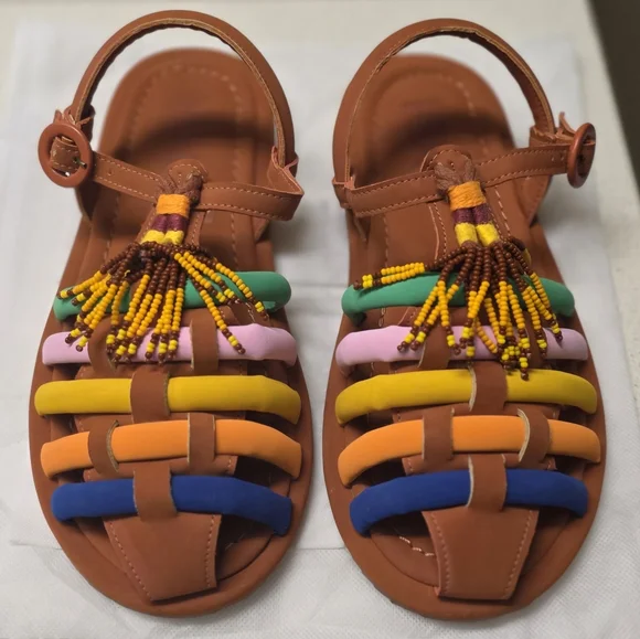 Farm Rio Caramel Beaded Rainbow Tube Strap Sandals Sz. 8 - Picture 3 of 8